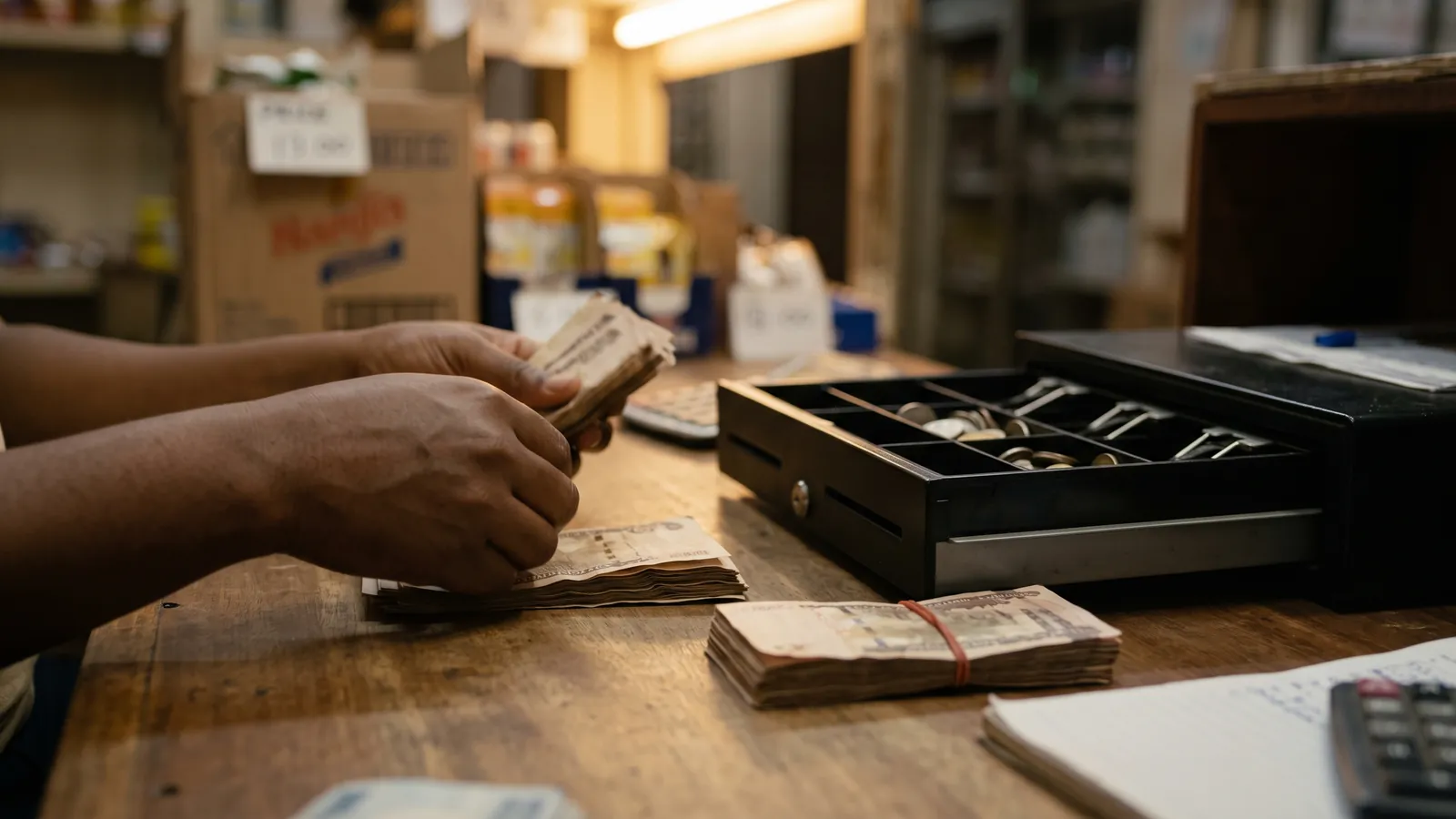 Hands counting a stack of notes on the counter beside an open cash drawer
