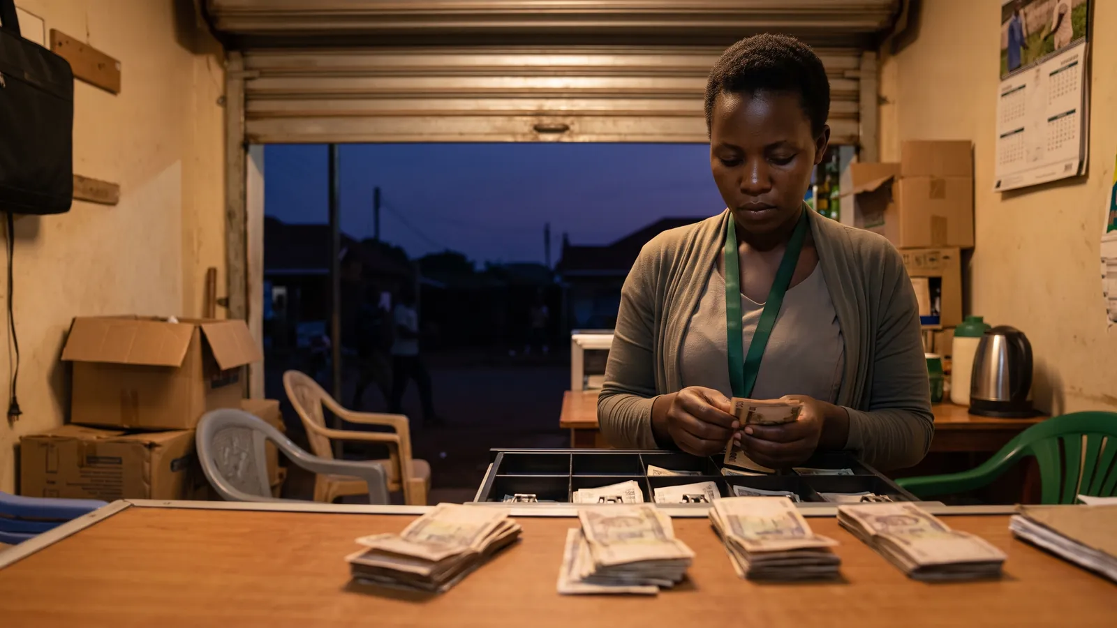 A cashier counting notes from an open cash drawer at closing time, the shop's shutter half down behind her