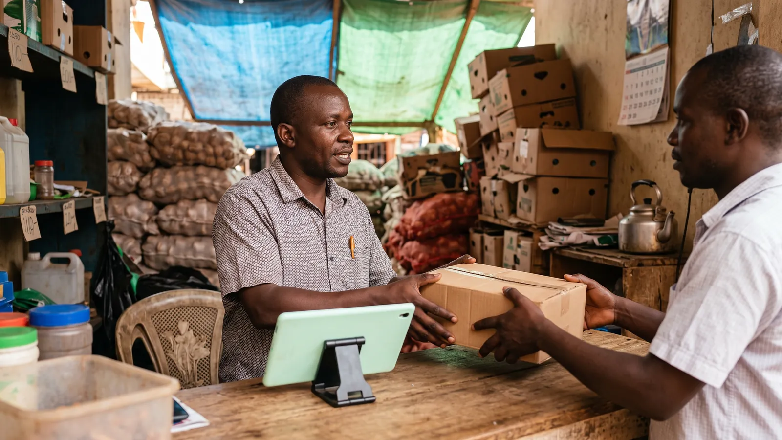 A shopkeeper handing goods to a regular customer at a wholesale stall in Kikuubo, a tablet on the counter between them