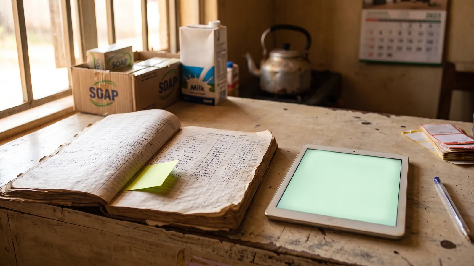 An old exercise book of customer debts lying open on the counter beside a tablet