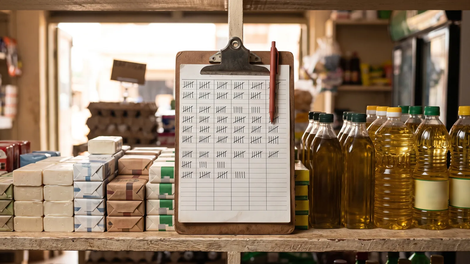 A clipboard of weekly spot-check counts resting on a shelf of soap and cooking oil