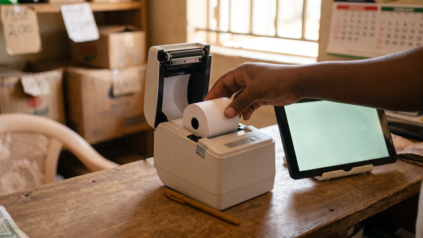 A hand loading a roll of paper into a small thermal receipt printer beside an Android tablet on a shop counter