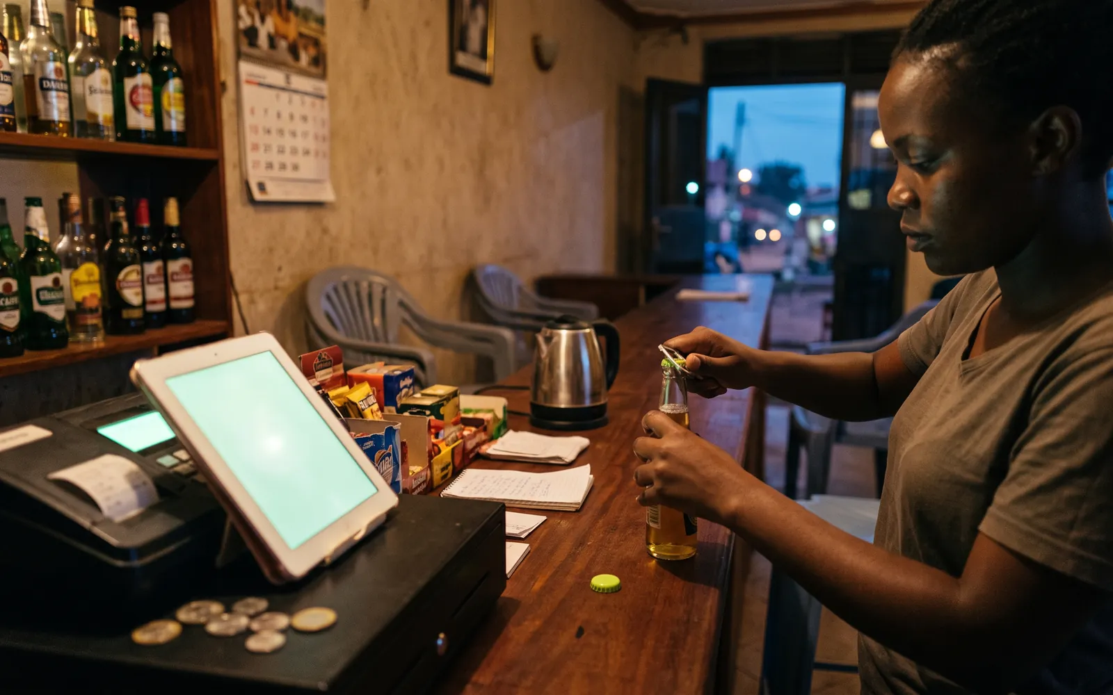 A bar counter with a tablet running Sellio